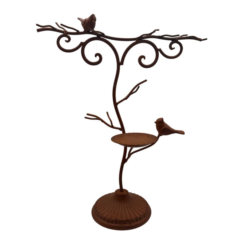 Bird Branch Metal Jewelry Holder Tree With Tray Iron Brown Finish Decorative Acc